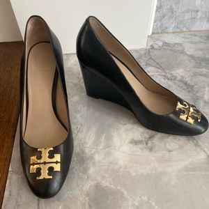 Tory Burch Black Logo Wedge Heels